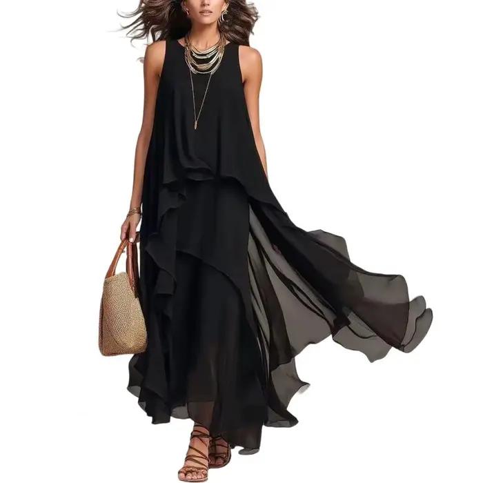 Robe longue fluide en mousseline pour femme, sans manches, col rond, ourlet asymétrique, robe d'été 