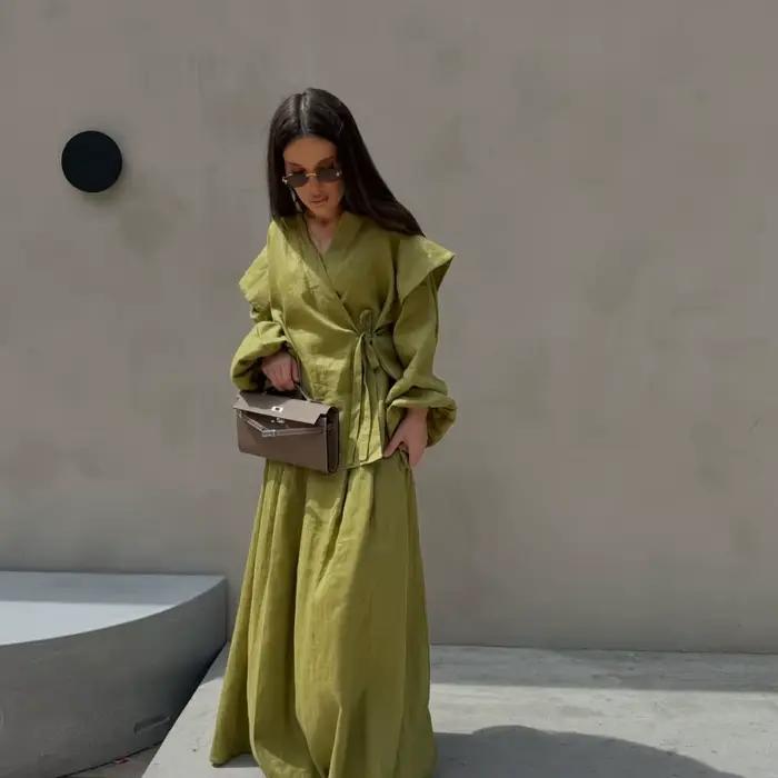 Ensemble jupe crayon et chemisier pour femme, printemps/automne, design de créateur, à nouer devant,