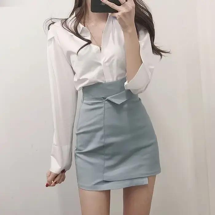 Vêtements bleu femmes jupe taille haute jupes pour femmes Wrap serré bureau formel été 2025 offre je