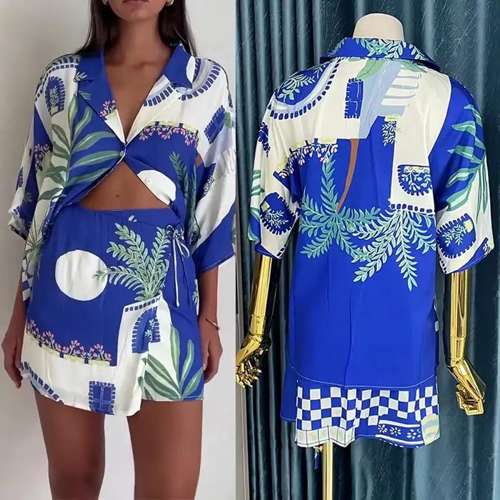 Jupe Courte à Lacets Graffiti pour Femme, Ensemble Chemise à lèvent, Col Rabattu, Mini Jupe, Vacance