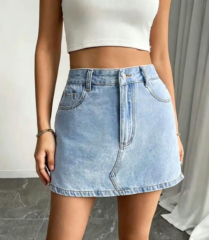 Jupe courte en jean pour femme, coupe trapèze, taille haute, ajustée, avec boutons, élégante, style 