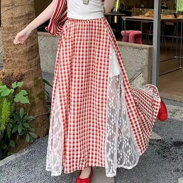 Jupe longue évasée en polyester à carreaux avec dentelle, coupe trapèze, effet amincissant, design t