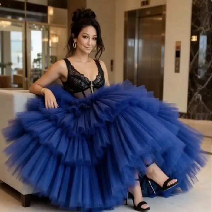 Jupe en Tulle superposée bleu marine Extra gonflée à plusieurs niveaux mi-mollet jupe de soirée élas