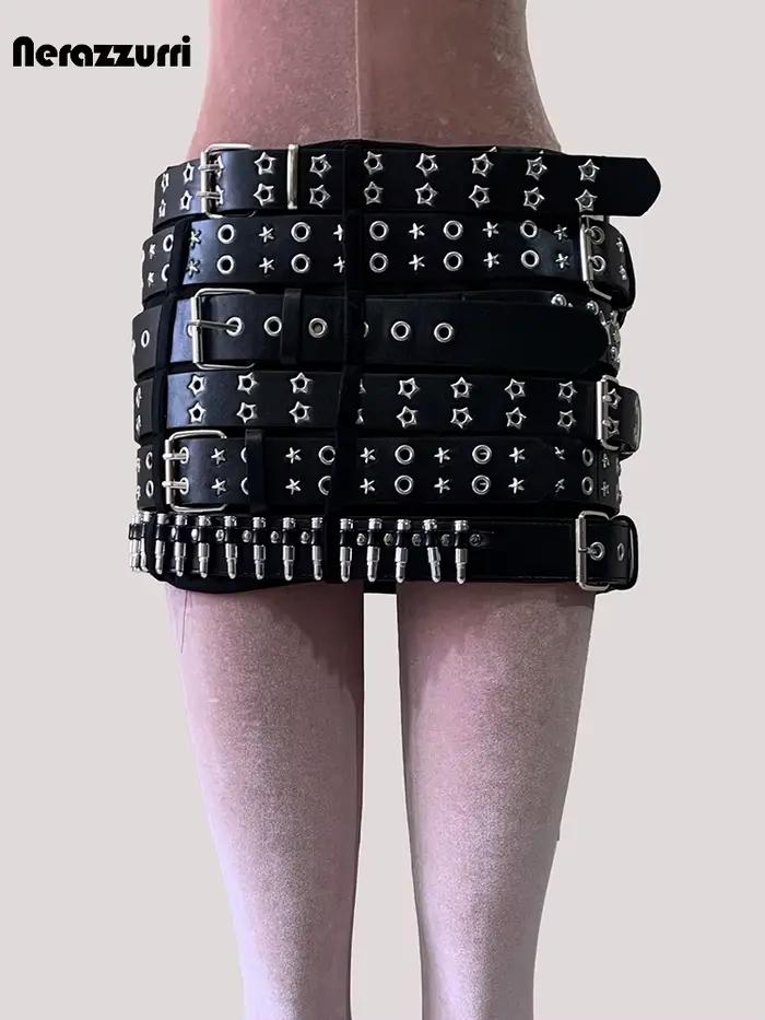 Mini jupe en cuir Pu noir pour femmes, avec de nombreuses ceintures, rivets, luxe de styliste, Style