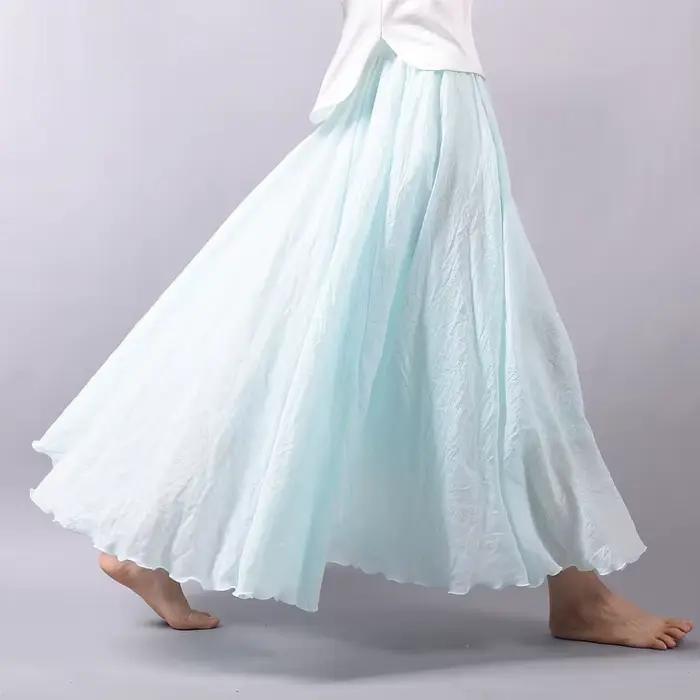 Jupe midi vintage en coton et lin, jupe longue évasée irrégulière à taille haute
