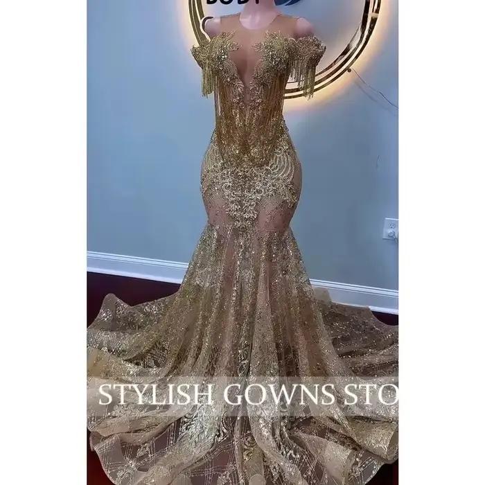 Glittle – robe de bal longue dorée, tenue de luxe, épaules dénudées, perles, strass, glands, fête fo