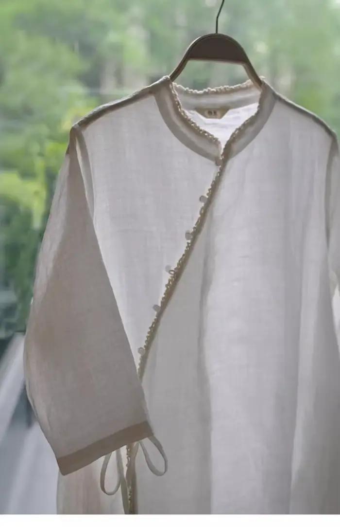 Robe longue en coton et lin de style ethnique 2026, coupe ajustée et dentelle rétro