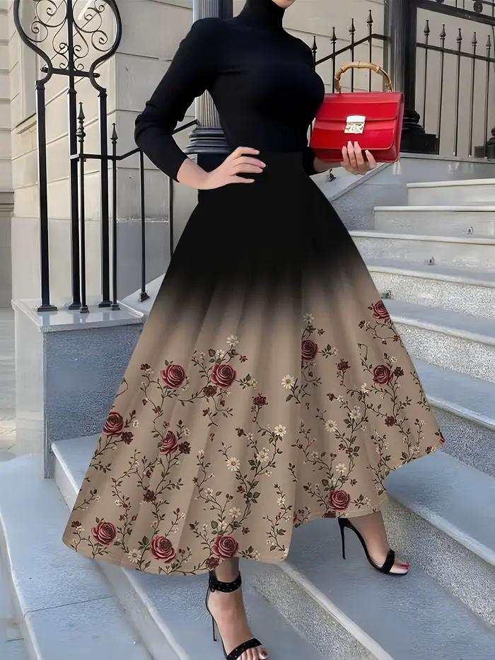 Jupe midi plissée taille haute pour femme, style vacances, imprimé dégradé noir bordeaux rose, coupe