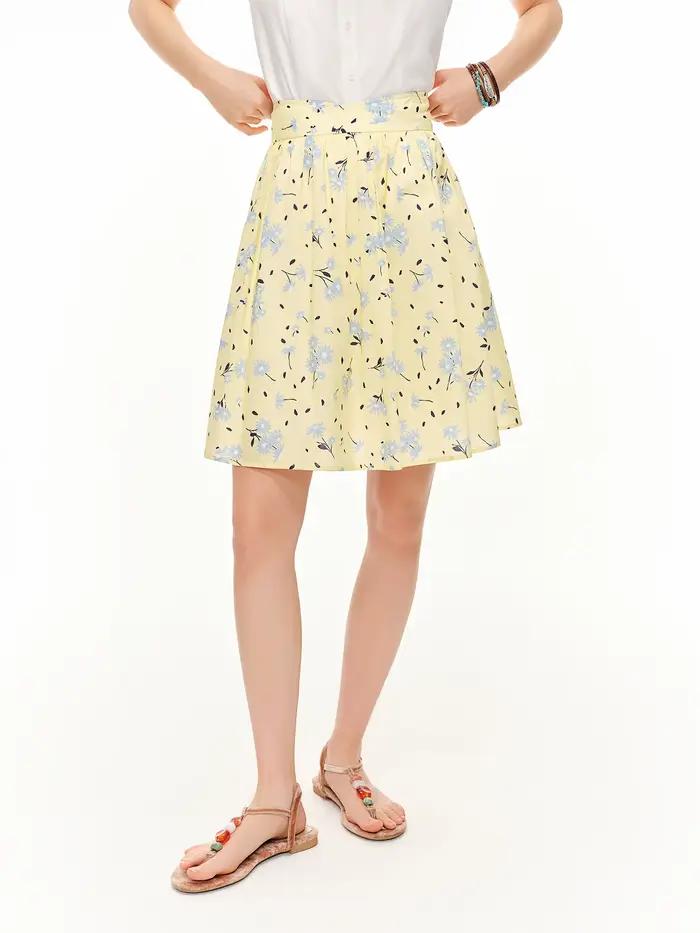 DUSHU Chic Daisy Jupe trapèze imprimée jaune taille haute mi-longue pour femme, nouvelle collection 