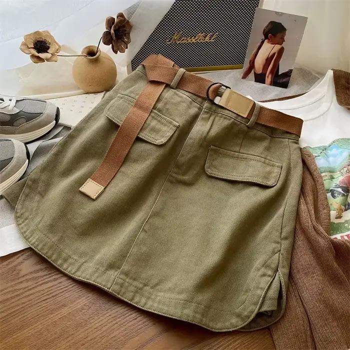 Jupe en jean style safari coréenne pour femmes, jupes courtes taille haute, ceinture, jupes en jean 