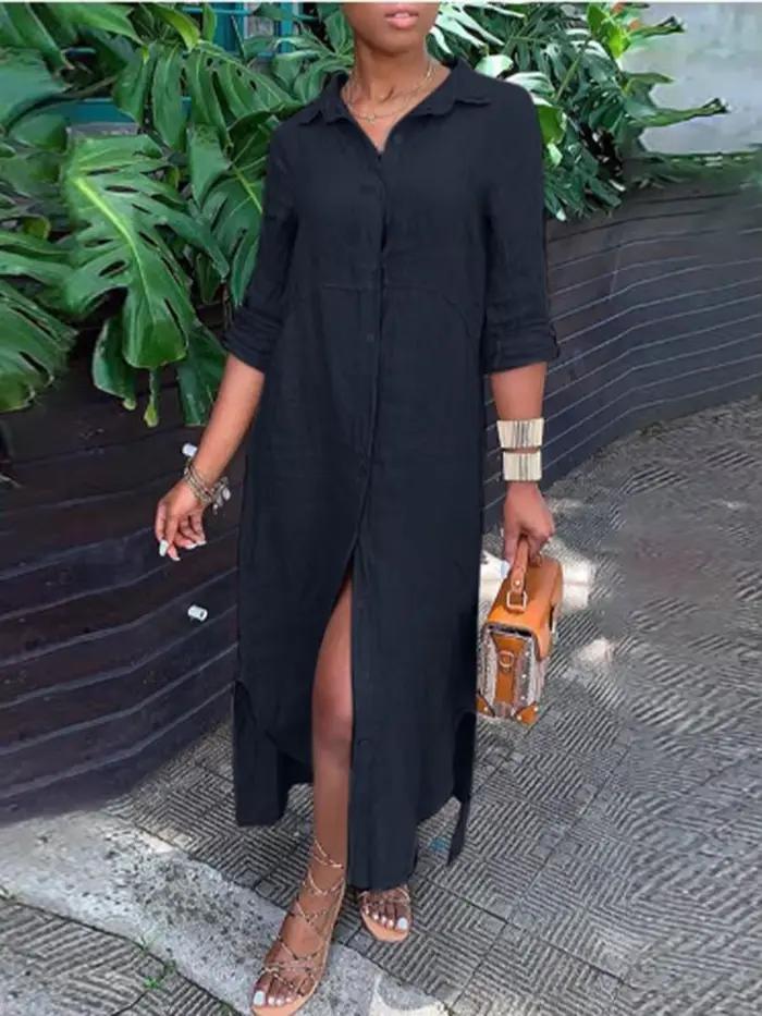 Robe chemisier boutonnée à manches longues pour femmes, col rabattable élégant, robes décontractées 