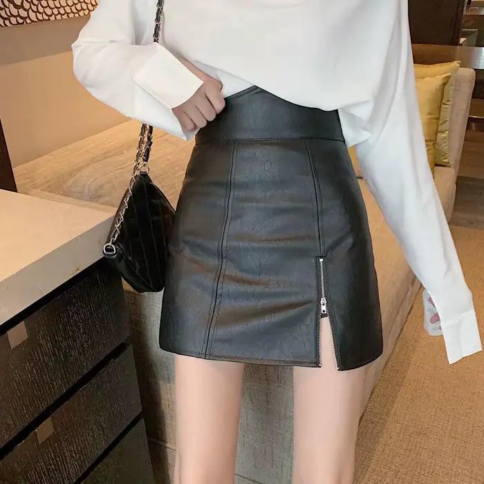 Jupes en cuir à fermeture éclair fendue, taille haute, ligne A, bas moulant pour femmes, Mini jupe g