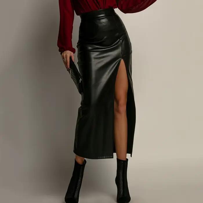 Jupes en cuir PU pour femmes, Sexy, fente haute, élégantes, Slim, taille haute, paquet de hanches, n