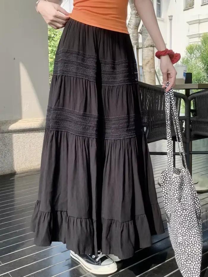 Jupe mi-longue en dentelle au crochet pour femme, jupes plissées taille haute, évider, blanc, noir, 