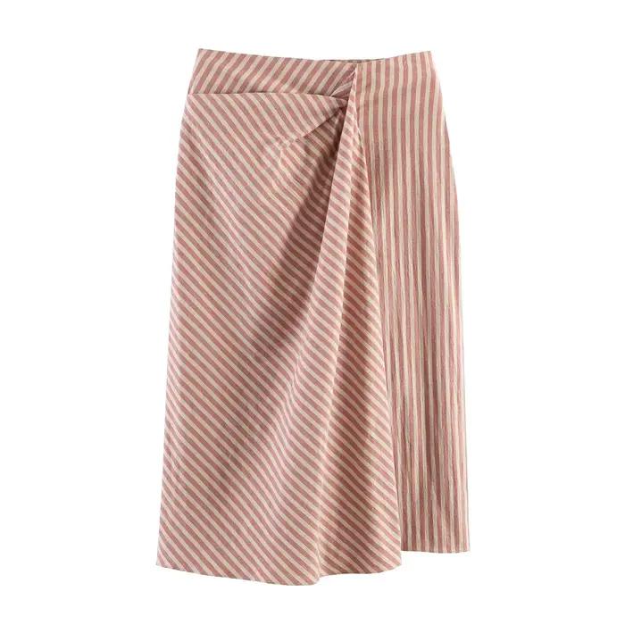 TFMLN 2026 Nouvelle jupe longue pour femme, taille haute, rayée, plissée, fendue, style streetwear v