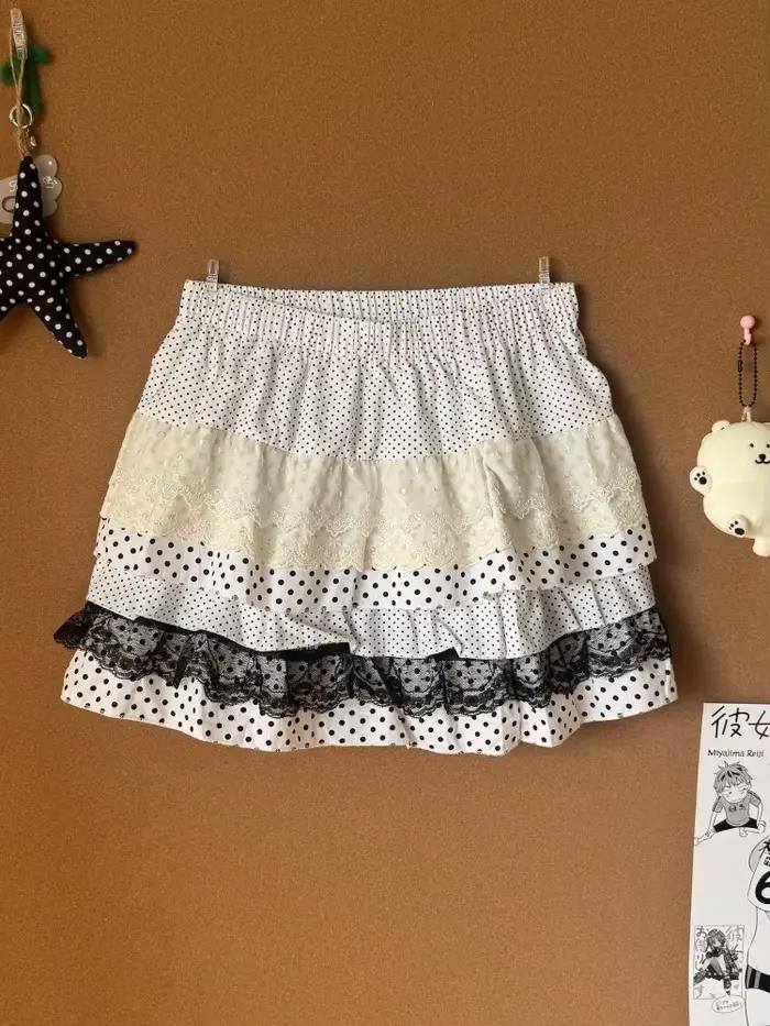 Jupe ample Lolita en dentelle douce pour femmes, jupe d'été japonaise, taille élastique, Patchwork, 