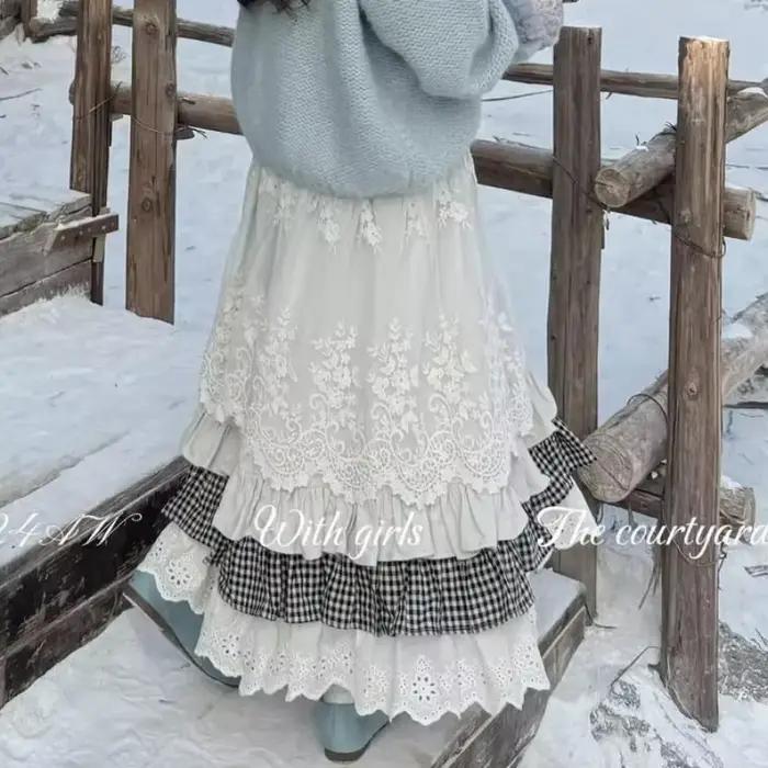 Femmes doux Vintage Mori fille Style taille haute épissage Plaid jupe longue hiver nouvelle mode cor