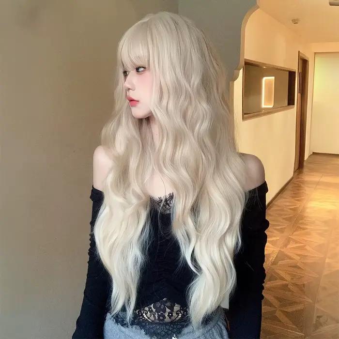 Perruque blonde ondulée naturelle avec frange, longue et bouclée, pour femmes, usage quotidien, fête