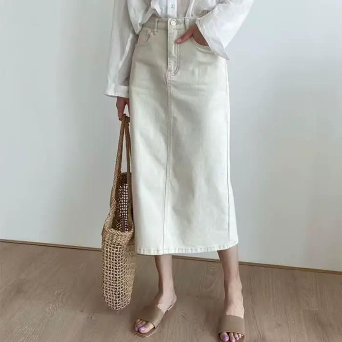 Jupes longues en Denim solide pour femmes, Vintage, décontractées, taille haute, fente A, ligne A, n