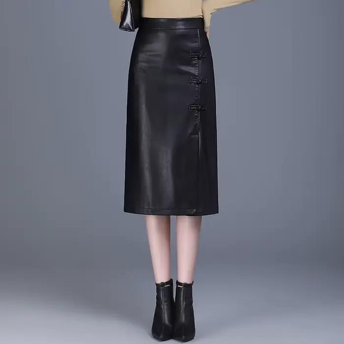ZUZK-Jupe en cuir PU pour femme, taille haute fendue, droite, mode automne et hiver