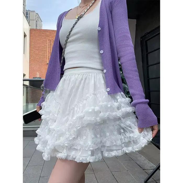 Jupe mi-longue décontractée taille haute en dentelle blanche et maille, style féerique, nouvelle col