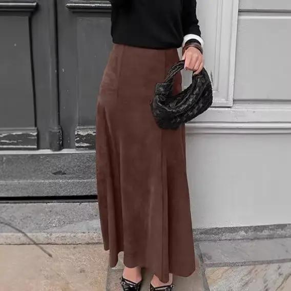 Jupe longue en daim marron rétro pour femme, style français, taille haute, doublée polaire, coupe tr