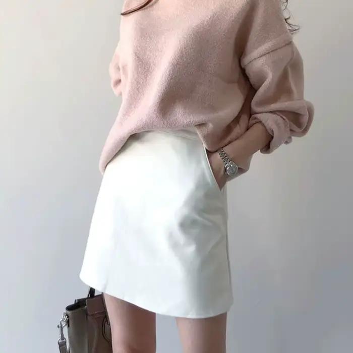 Ulzzang – jupes taille haute pour Femme, tenue de bureau, couleur unie, blanc, tendance, confortable