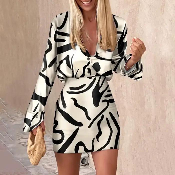 Jupe imprimée deux pièces Sexy pour femmes, costume chemise à la mode décontracté pour bureau, robe 