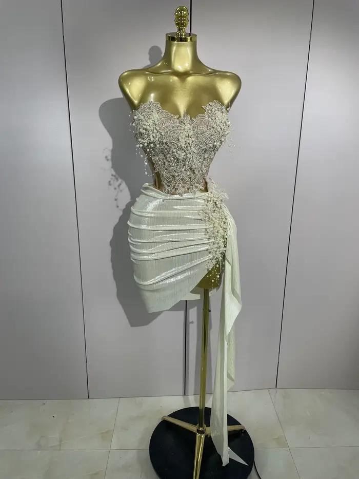 STOCK luxe perles brillantes Sexy jupe asymétrique 2 pièces ensemble 2025 femmes soirée fête d'anniv