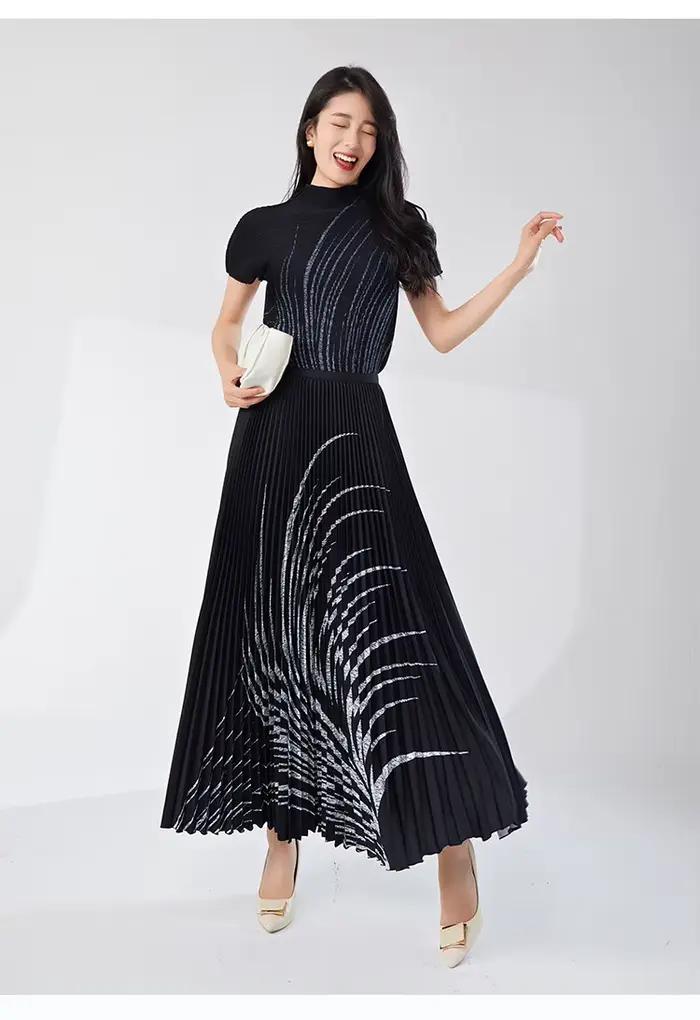 Ensemble haut et jupe plissés pour femme, manches courtes, été - Noir, élégant, stylé et polyvalent,