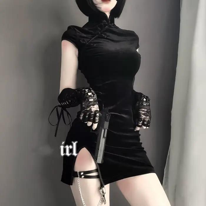 Diablo-Jupe Cheongsam chinoise sexy pour filles, vêtements de style rétro, manches courtes, ourlet f
