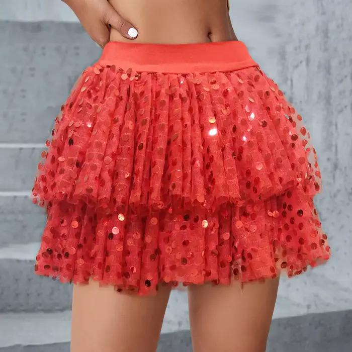 Dames gâteau jupe jupe courte maille jupe Performance jupe Fine paillettes pom-pom girl Tutu jupe ju