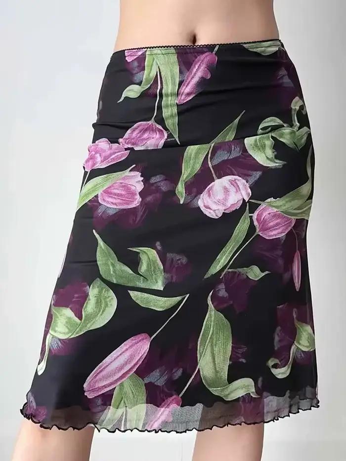 Jupe Vintage Florale en Maille pour Femme, Taille Haute, Style Streetwear, Coupe Sirène Slim, Longue