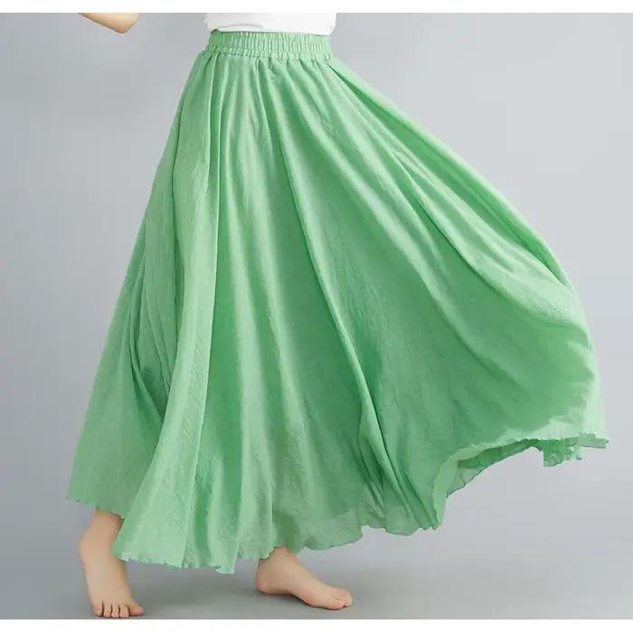 Jupe longue évasée en coton et lin de couleur unie pour femme, taille élastique, double couche, conf