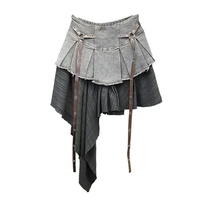 Jupe plissée en Denim épissé rétro pour femmes, nouveau tempérament d'été, fille chaude, à la mode, 