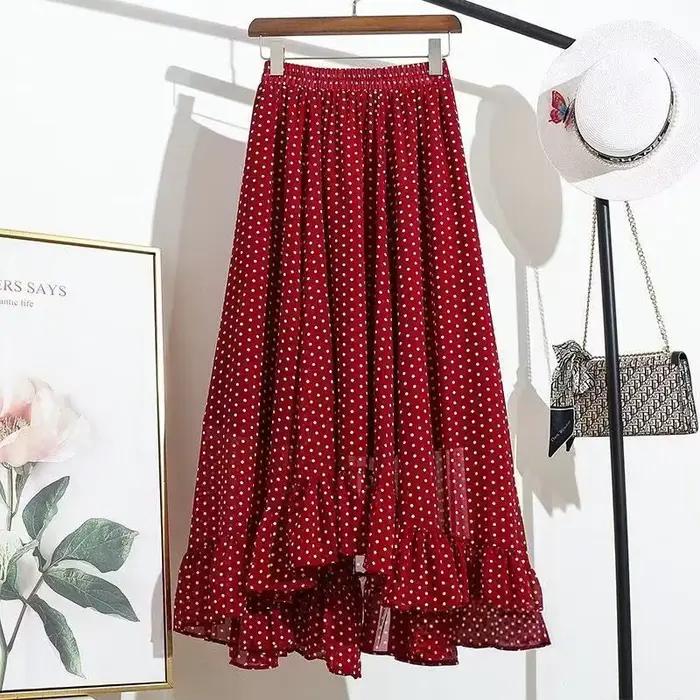 Jupe longue plissée élégante à pois pour femme, coupe trapèze, collection Printemps-Automne 2026, st