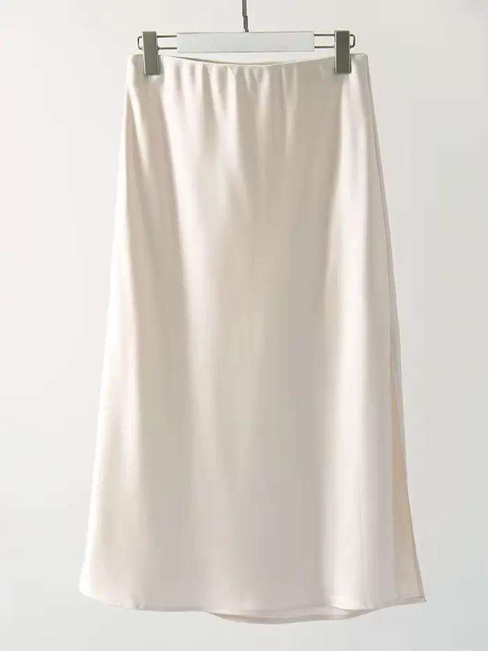 Jupes mi-longues vertes pour femmes, ligne A avec fente, taille haute, satin, taille élastique, coul