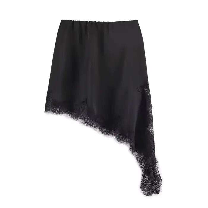 Jupe en satin et dentelle pour femme, élégante, asymétrique, mini-jupe vintage à taille élastique, f