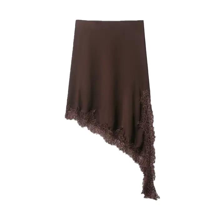 Jupe asymétrique taille haute en dentelle pour femme avec fermeture éclair latérale, design élégant 