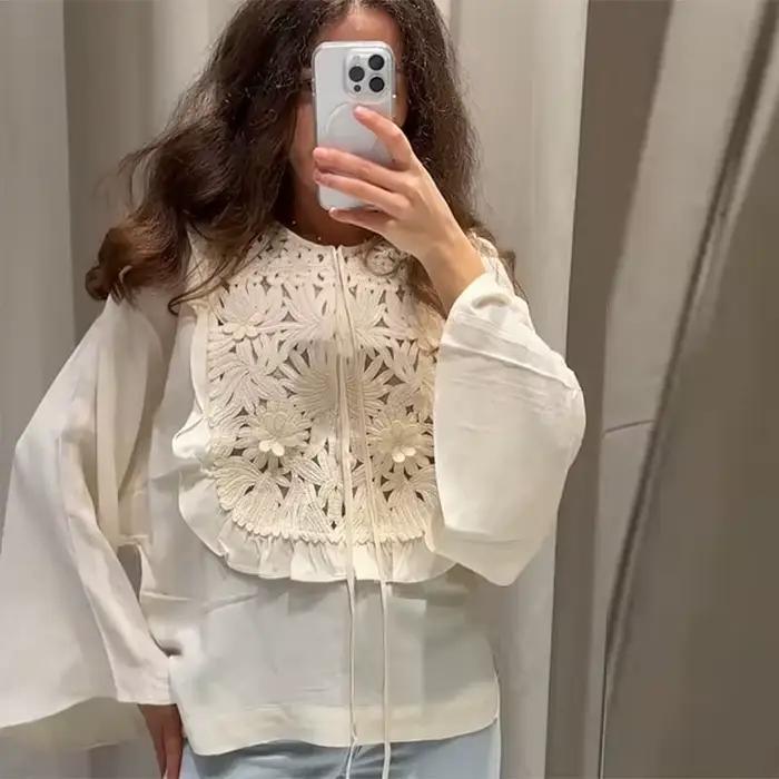 Ensemble haut et jupe en Patchwork brodé pour femmes, élégant, col rond, manches longues évasées, ha