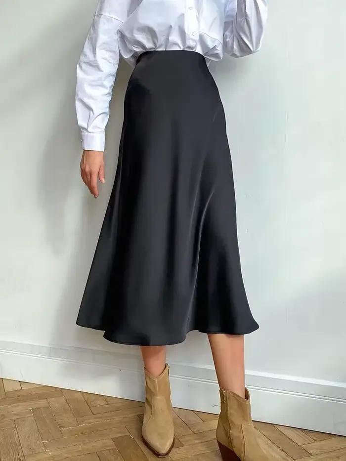 Longue Jupe Midi en Satin pour Femme, Élégante, Taille Haute, Verte, Bureau, Ligne A, Solide, Vintag