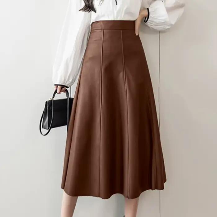 ZANZEA-Jupe mi-longue en cuir PU pour femme, taille haute, monochromatique, bureau, dame, élégante, 