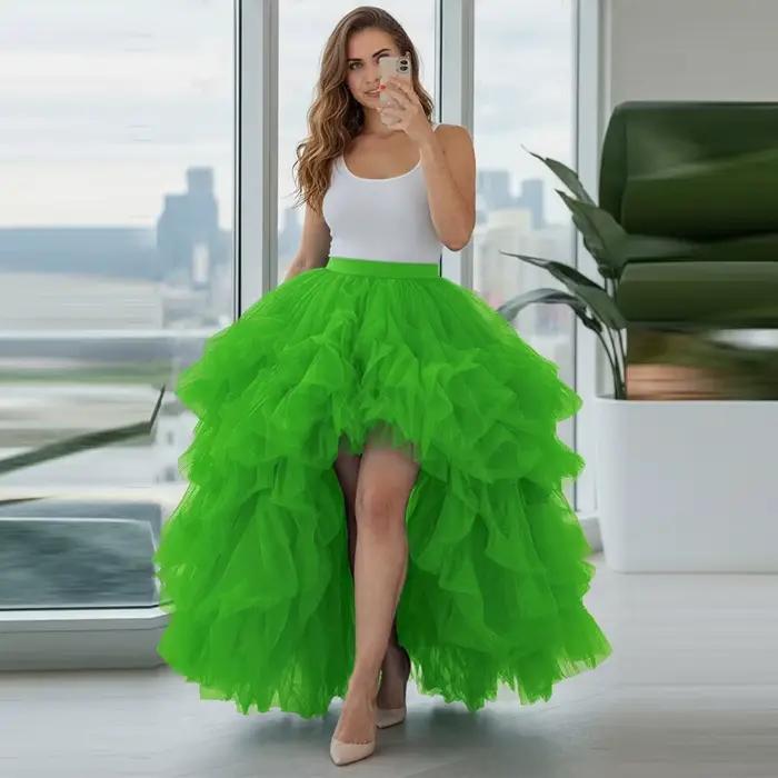 Jupe longue en tulle vert éclatant, à volants superposés, taille haute, coupe asymétrique, pour soir