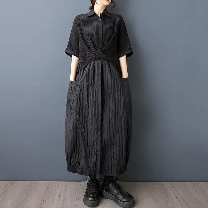 Noir vintage surdimensionné élastique taille haute décontracté ample longue femme printemps été auto