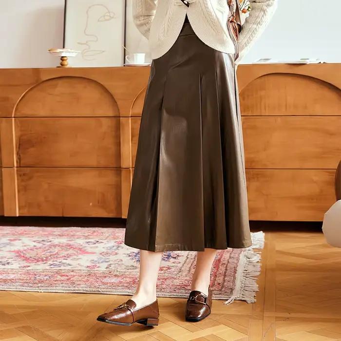 Jupe longue plissée en cuir OLrain pour femme, nouvelle collection automne 2026, style rétro chic ta