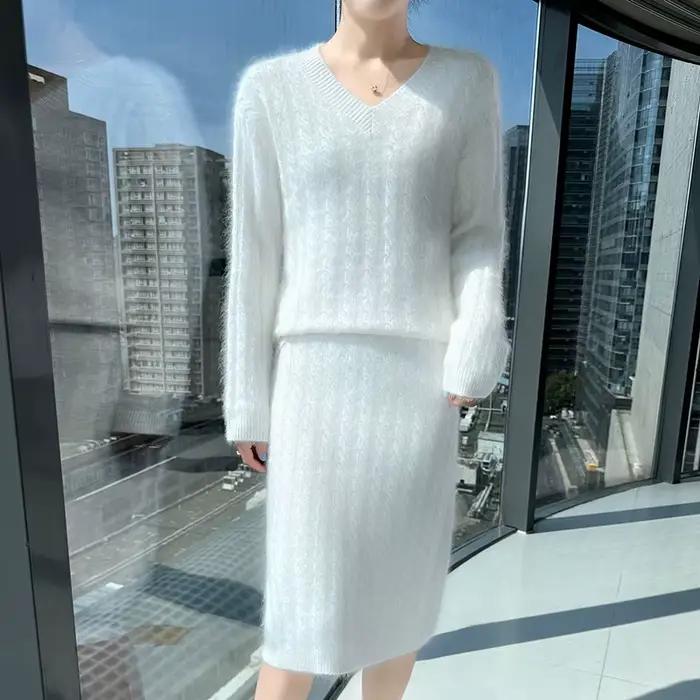 Jupe pull en laine de vison pour femme, deux pièces, col rond, manches longues torsadées, jupe ample