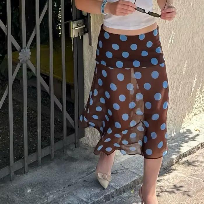 Jupe mi-longue à pois pour femmes Y2k, taille basse, ourlet asymétrique Semi-transparent, jupe mi-lo