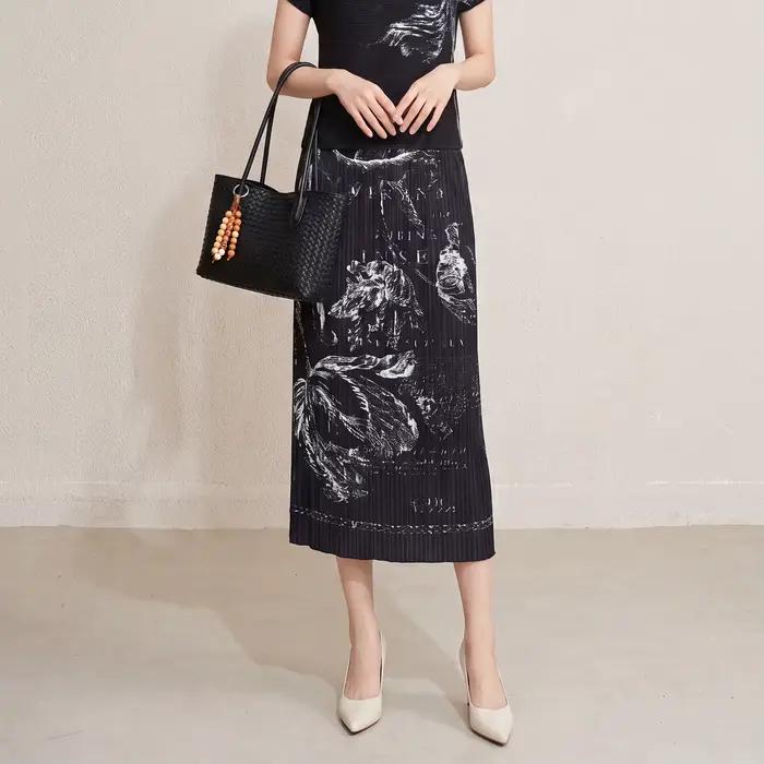 Jupe midi slim fit pour femme, nouvelle collection été, imprimée, plissée, fine, droite, taille haut