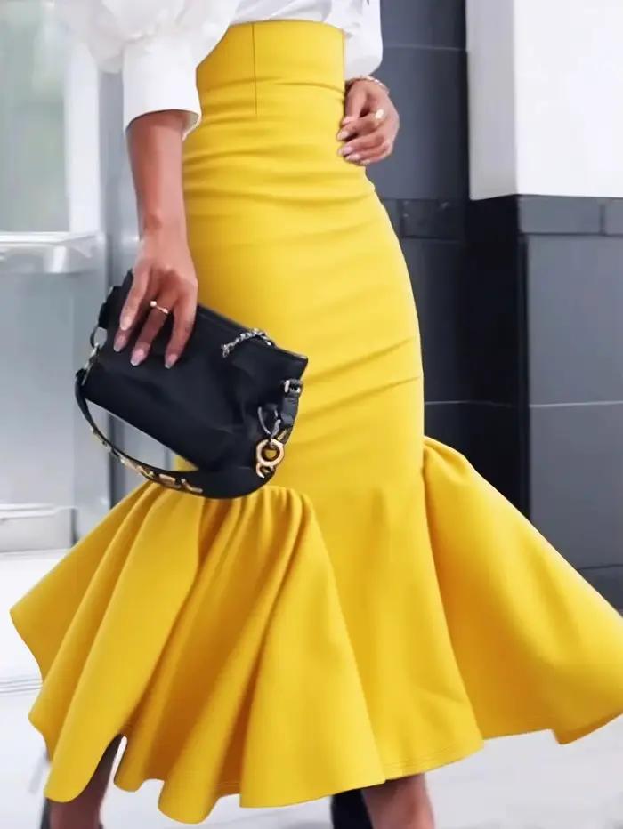 Jupe longue portefeuille élégante de couleur Pure pour femmes, jupe mi-longue en queue de poisson à 