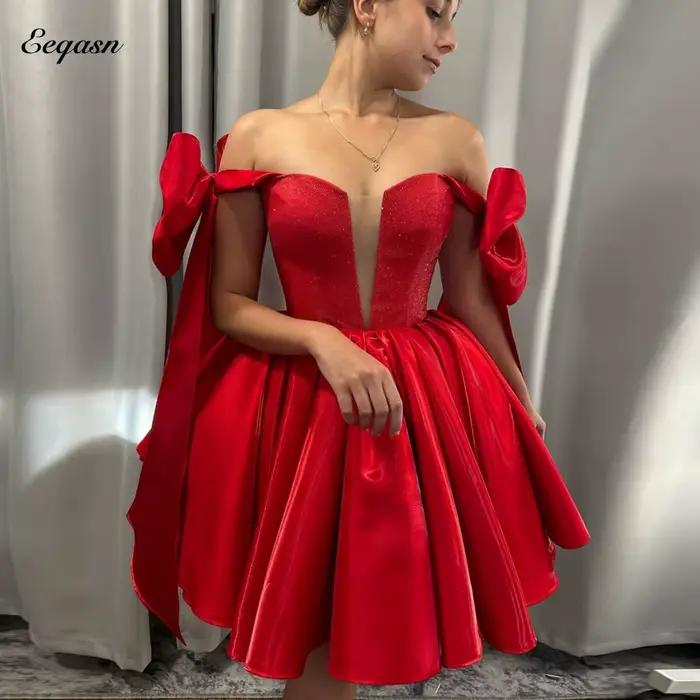 Robes De bal courtes rouges bretelles à nœud robe De retour Mini une ligne Satin Cocktail robes De G